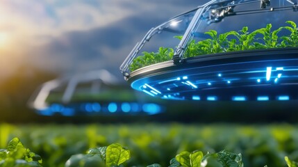 Futuristic farming techniques using advanced technology agricultural field digital art sunny afternoon aerial perspective innovation