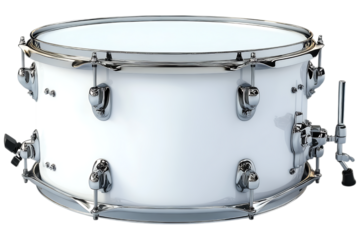 White snare drum isolated. Classic percussion instrument with chrome hardware, used in drum kits for concerts, studio recordings, and marching bands. AI generated.  .