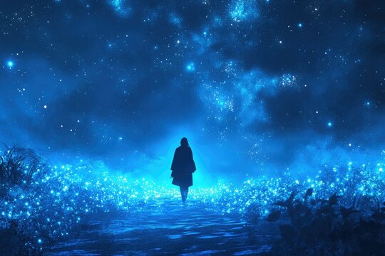 Woman walking night field, starry sky, fantasy, artwork, dreamscape