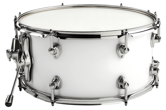 White snare drum isolated. Classic percussion instrument with chrome hardware, used in drum kits for concerts, studio recordings, and marching bands. AI generated.  .