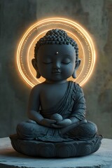Peaceful Baby Buddha Statue with Glowing Halo in Minimalist 3D Rendering