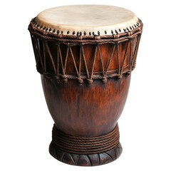 Wooden djembe drum isolated. Traditional African hand drum with rope tuning and natural skin head, used in folk, tribal, and world music. AI generated.  .