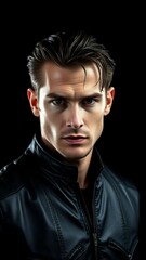 A striking portrait of a man in a leather jacket, with wet hair slicked back, against a stark black