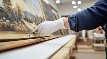 A skilled restorer in a serene studio is meticulously cleaning a framed painting with a gloved hand, ensuring its preservation