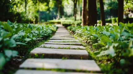 Fototapeta premium A tranquil pathway crafted from stones meanders through a peaceful garden adorned with rich, green plants and trees, inviting exploration