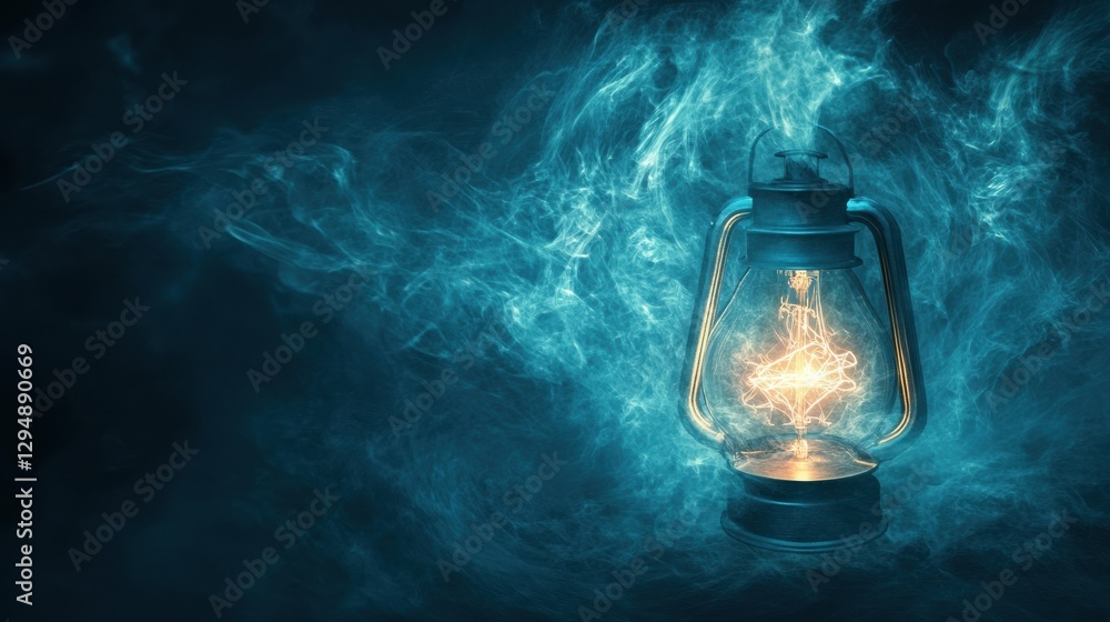 Leinwandbilder glowing gas lamp illuminates dark surroundings, creating an enchanting atmosphere with wisps of mist