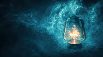 Glowing gas lamp illuminates dark surroundings, creating an enchanting atmosphere with wisps of mist. Generative AI