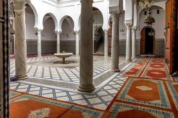 Moulay Idriss Zerhoun, Morocco - March 20, 2024: Interior of complex of the mausoleum of Moulay Idris in the holy city of Moulay Idriss Zerhoun. View of the mosque
