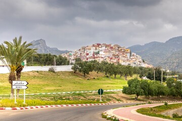 Moulay Idriss Zerhoun, Morocco - March 20, 2024: View of the hilltop village of Moulay Idriss Zerhoun from the road