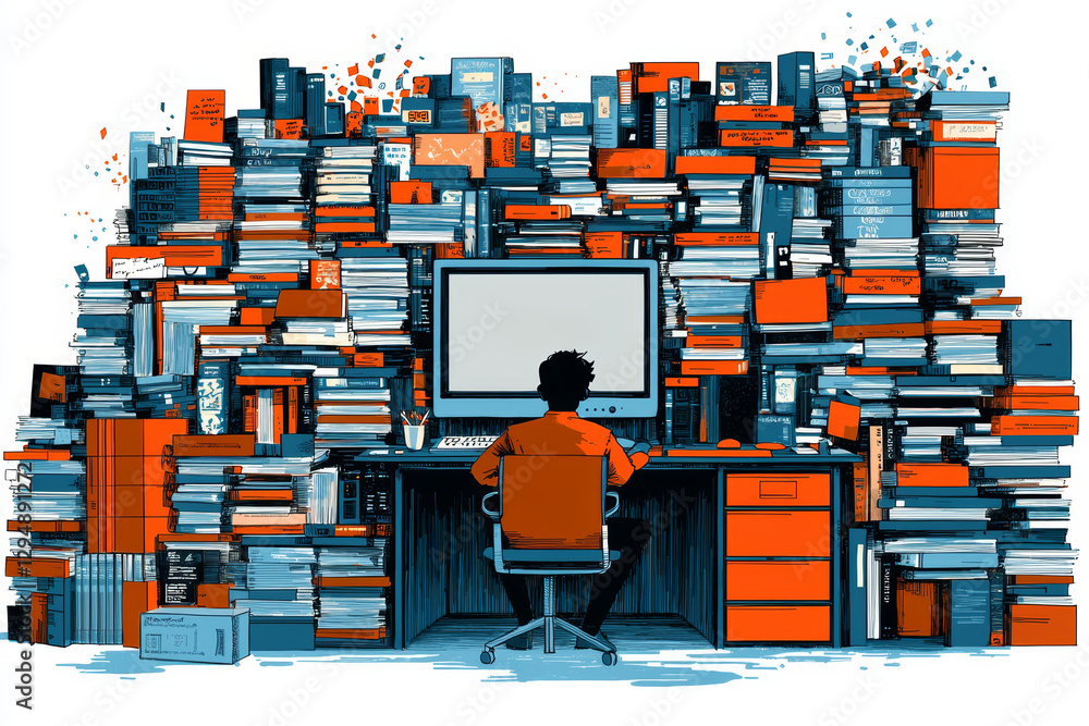 Poster person sitting at desk with computer surrounded by large collection of books, creating vibrant and c