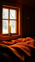 A cozy scene of a candlelit wooden cottage interior, featuring a window framed by frost and soft gol
