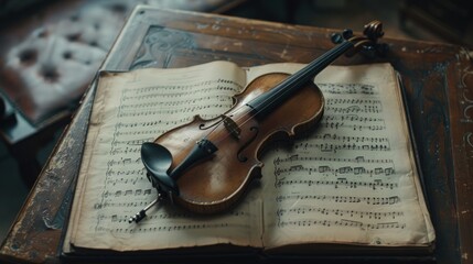 Fototapeta premium A violin bow lays atop aged sheet music, showcasing the elegance of musical craftsmanship in a serene environment filled with history