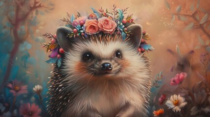 A hedgehog with a beautiful flower headband, peacefully exploring the vibrant spring landscape.