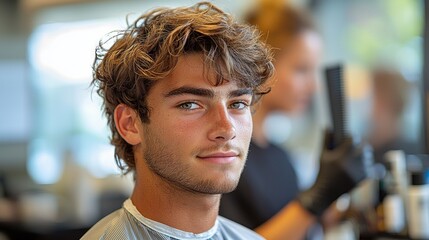 young man sits in barbershop chair showcasing relaxed quiff hairstyle voluminous top and tapered sides. atmosphere is casual and welcoming.