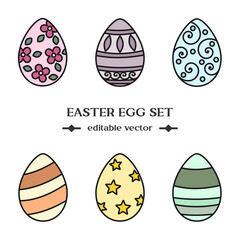 Beautiful set of decorated Easter eggs in pastel colors, perfect for April holiday designs. Flat vector illustration with editable stroke, ideal for digital art, cards, and festive decorations.