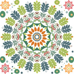 A vibrant mandala design featuring intricate floral patterns in shades of green, orange, and blue, radiating from a central circular motif.