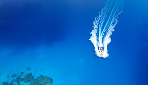 Aerial drone view of a small boat racing through vibrant blue ocean water above a coral reef in Bora Bora, French Polynesia. with white shades