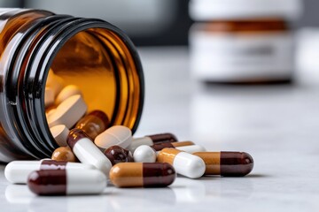 An array of colorful pills scattered on a marble surface create a striking visual, illustrating the diversity and importance of medication in modern healthcare and well-being.