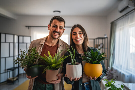 portrait of young happy couple hold flower pots at home