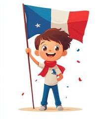 Cheerful Boy in French Revolutionary Costume Holding Flag of France