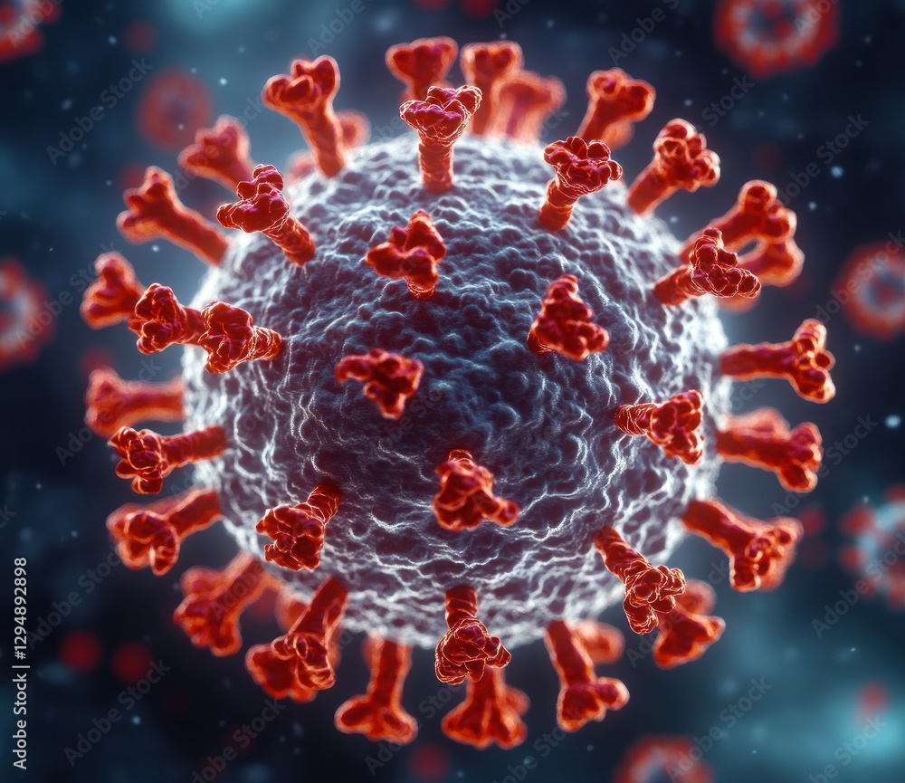 Poster 3d rendering of virus with red spike proteins intricate textures spherical shape microscopic view of
