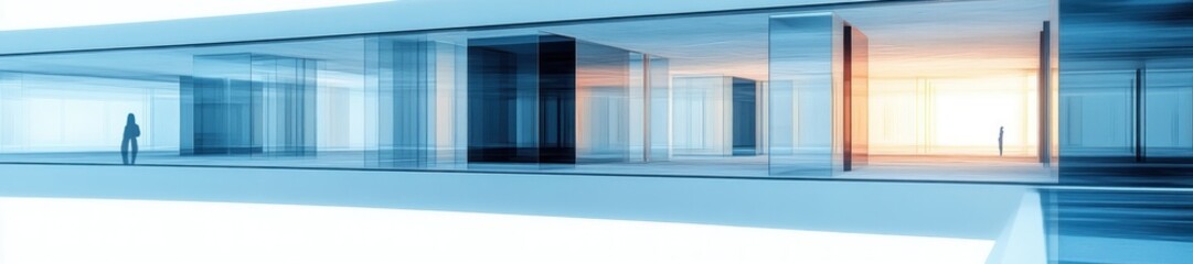 Fototapeta premium Futuristic Cityscape Minimalist Geometric Architecture with Transparent Structures and Blue Ambient Lighting