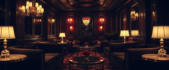 A moody, luxurious lounge with deep velvet sofas, gold-accented side tables, and art deco lighting