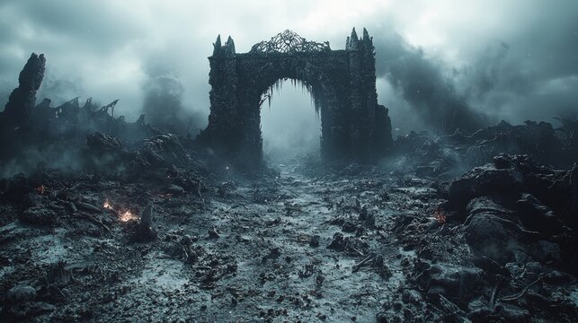In grim Norse underworld lost souls linger in frozen wasteland struggling against mist while ominous gate of Helheim looms guarded fierce Garm.