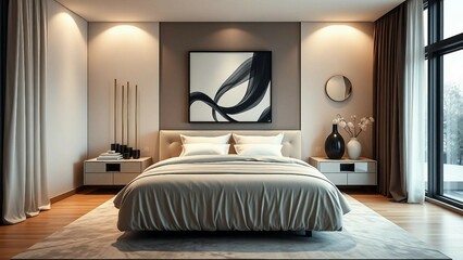A Vogue-style bedroom with a statement low-profile bed, soft draped fabrics, and recessed lighting t