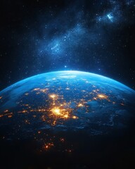 Obraz premium Earth from Space at Night with Glowing Cities and Starry Sky
