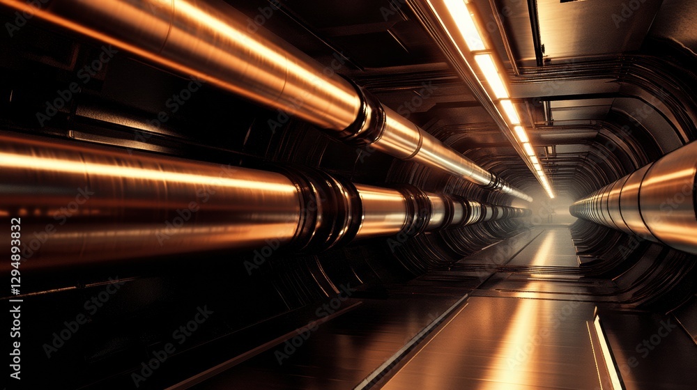 Poster long metallic pipelines extending into the distance create a striking perspective in an industrial s