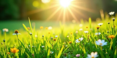 Fototapeta premium Sun-drenched meadow, vibrant green grass, wildflowers , grass, summer