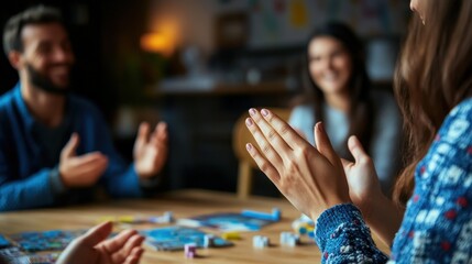 Fototapeta premium Hands enthusiastically clap in celebration at a cozy gathering, showcasing joy and connection among friends while playing games