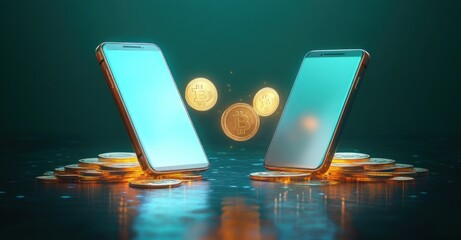 Digital Money Transfer Between Smartphones with Coins in Futuristic Style