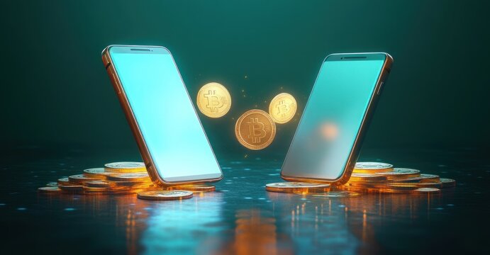 Digital Money Transfer Between Smartphones with Coins in Futuristic Style
