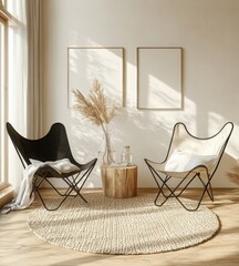 Minimalist Interior Scene with Butterfly Chairs and Natural Light in Scandinavian Style