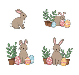 Fototapeta premium Cute Easter Bunny Clipart - Hand-Drawn Spring Illustration with Colorful Eggs, Plants, and Festive Decor