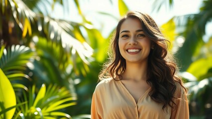 A vibrant outdoor shot of a smiling woman standing amidst lush tropical foliage, her flowing beige b
