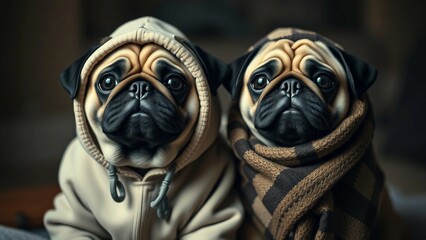 Obraz premium Two adorable pugs dressed in cozy outfits, one wearing a hoodie and the other wrapped in a scarf, si