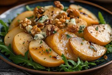 Delectable sweet pear and gorgonzola salad with crunchy walnuts, elegantly arranged for gourmet culinary appeal