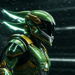 Aeon, a futuristic cybernetic warrior with sleek black and yellow armor, glowing orange visor, and luminous energy trails. Ideal for sci-fi profiles, game characters, and high-tech artistic projects.
