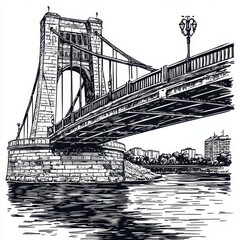 Detailed Black And White Drawing Of A Suspension Bridge