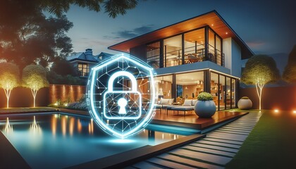 Modern smart home with advanced security system, with sleek design and high-tech lock icon.
