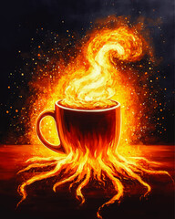 Dynamic Vector Art of Coffee Mug with Fiery Steam and Flame Roots Against Dark Background; Captivating Warmth and Energy in Surreal, Artistic Illustration