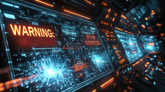 Warning sign displays imminent core meltdown alert flashing red and orange symbols. Control panel flickers error messages and sparks as blue energy waves pulse in reactor chamber.