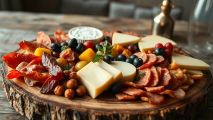 A meticulously curated charcuterie board showcasing artisanal cheeses, cured meats, and seasonal fru