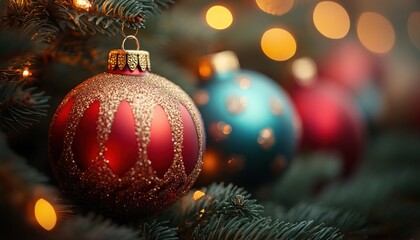 Close-up of a colorful Christmas tree with bright ornaments and glowing lights in a festive atmosphere
