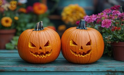 Cozy Autumn Scene with Carved Pumpkins and Vibrant Flowers on Rustic Porch