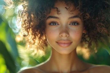 Happy woman with curly hair smiling in a sunny park during summer surrounded by greenery
