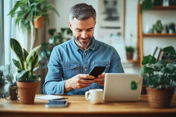 Smiling man using smartphone and laptop in cozy home office working remotely